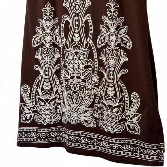 y2K VTG I.N.C. Brown White Contrast Embroidered Boho Midi Dress size L - Picture 3 of 8